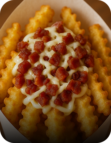 Cone de batata frita com queijo mussarela e bacon, chamado Van Gogh